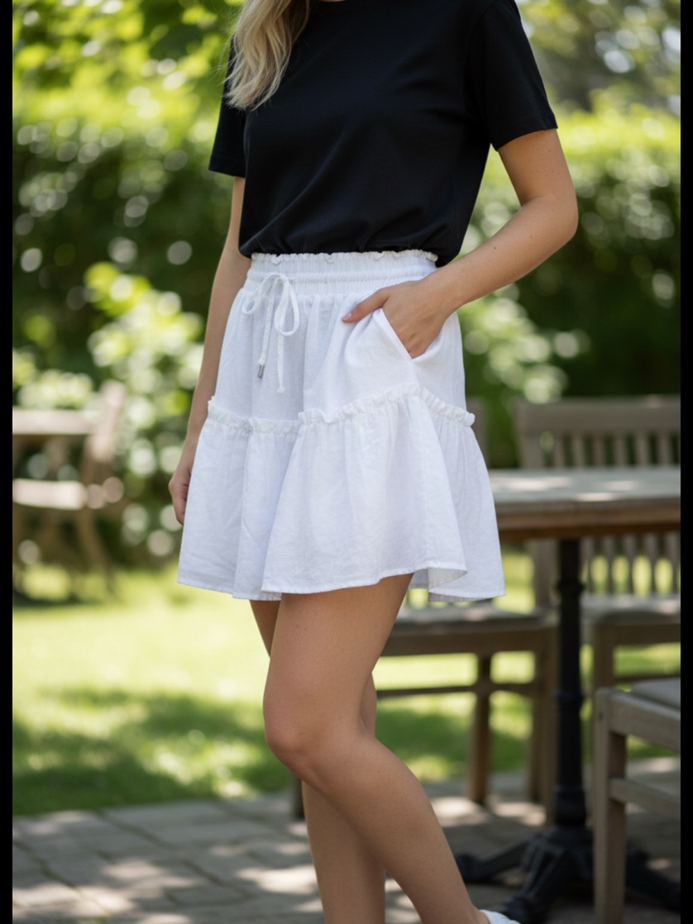 👗CiSono Women’s White Tiered Elastic Waist Skirt